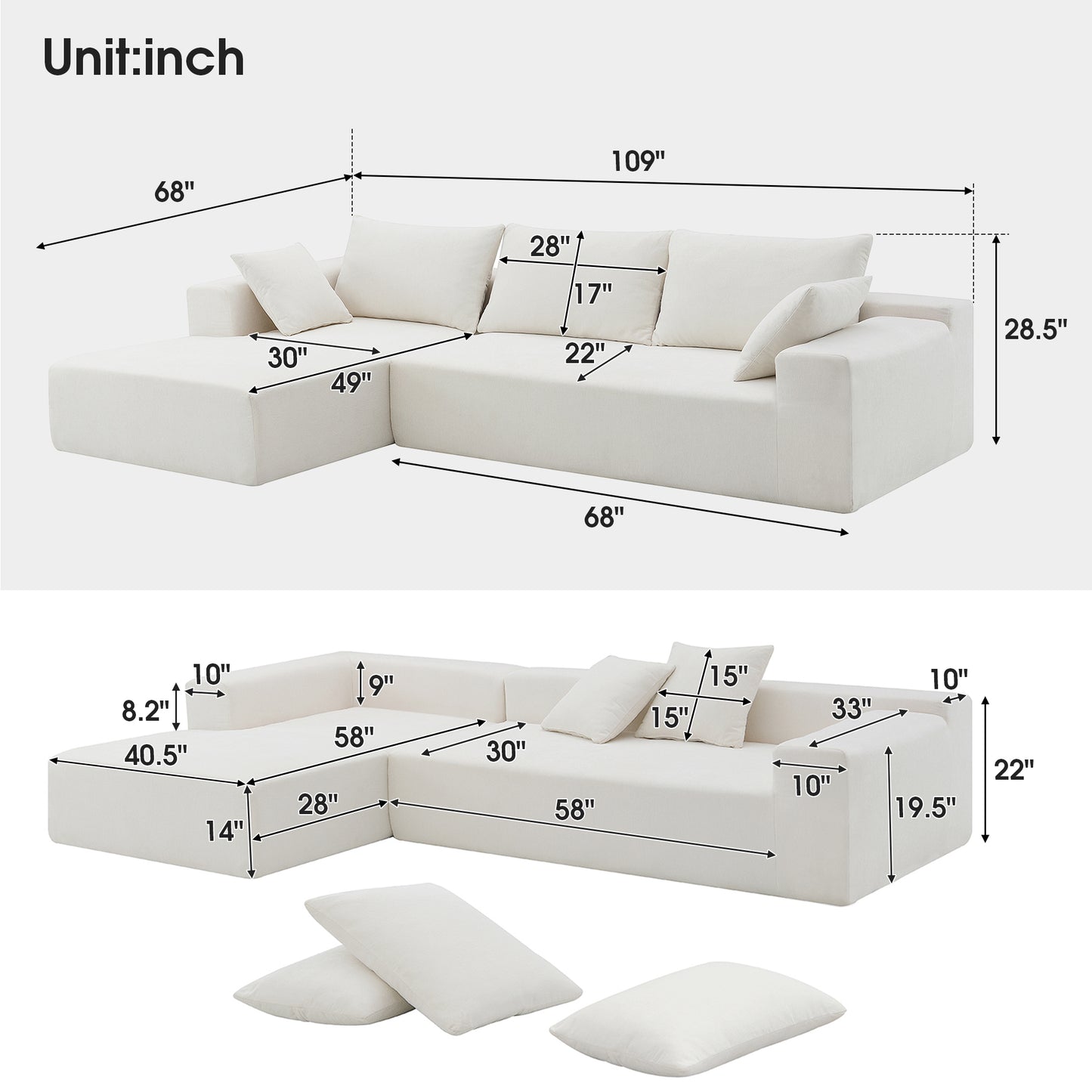 Modularni kutni set za dnevni boravak 277 x 173 cm – moderna minimalistička bijela sofa
