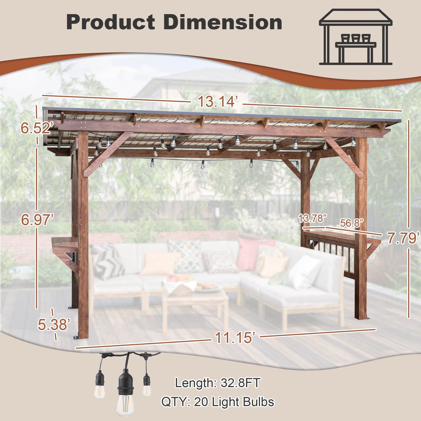 Drvena pergola za roštilj 396 x 198 cm s metalnim krovom, žaruljama i šankovima