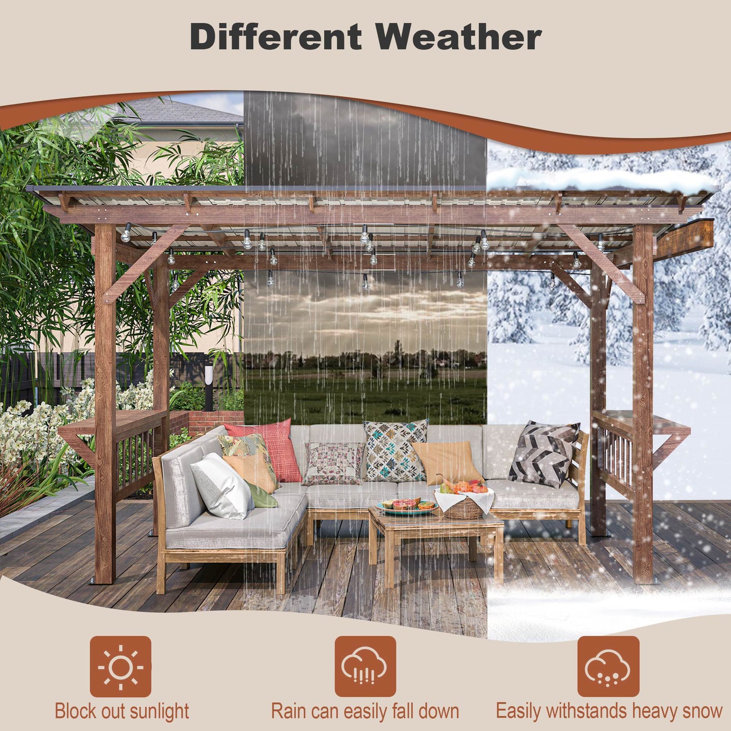 Drvena pergola za roštilj 396 x 198 cm s metalnim krovom, žaruljama i šankovima