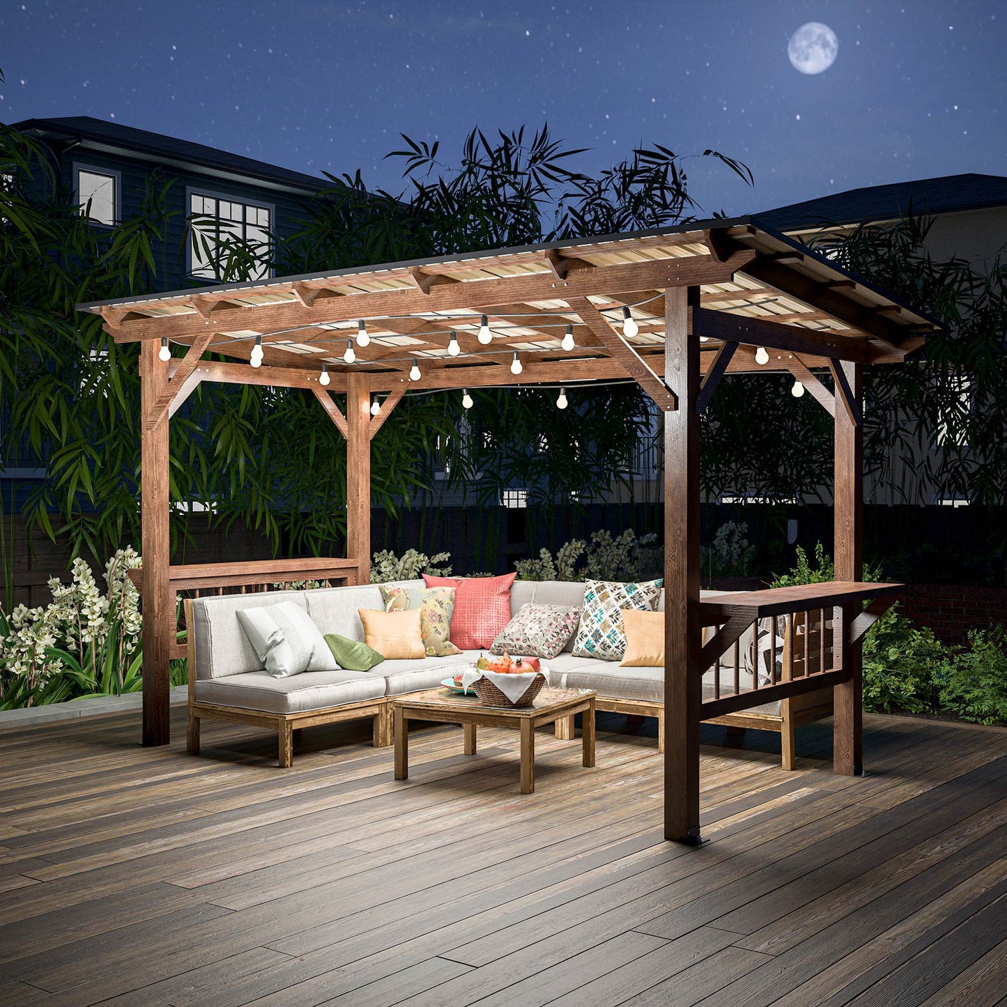 Drvena pergola za roštilj 396 x 198 cm s metalnim krovom, žaruljama i šankovima
