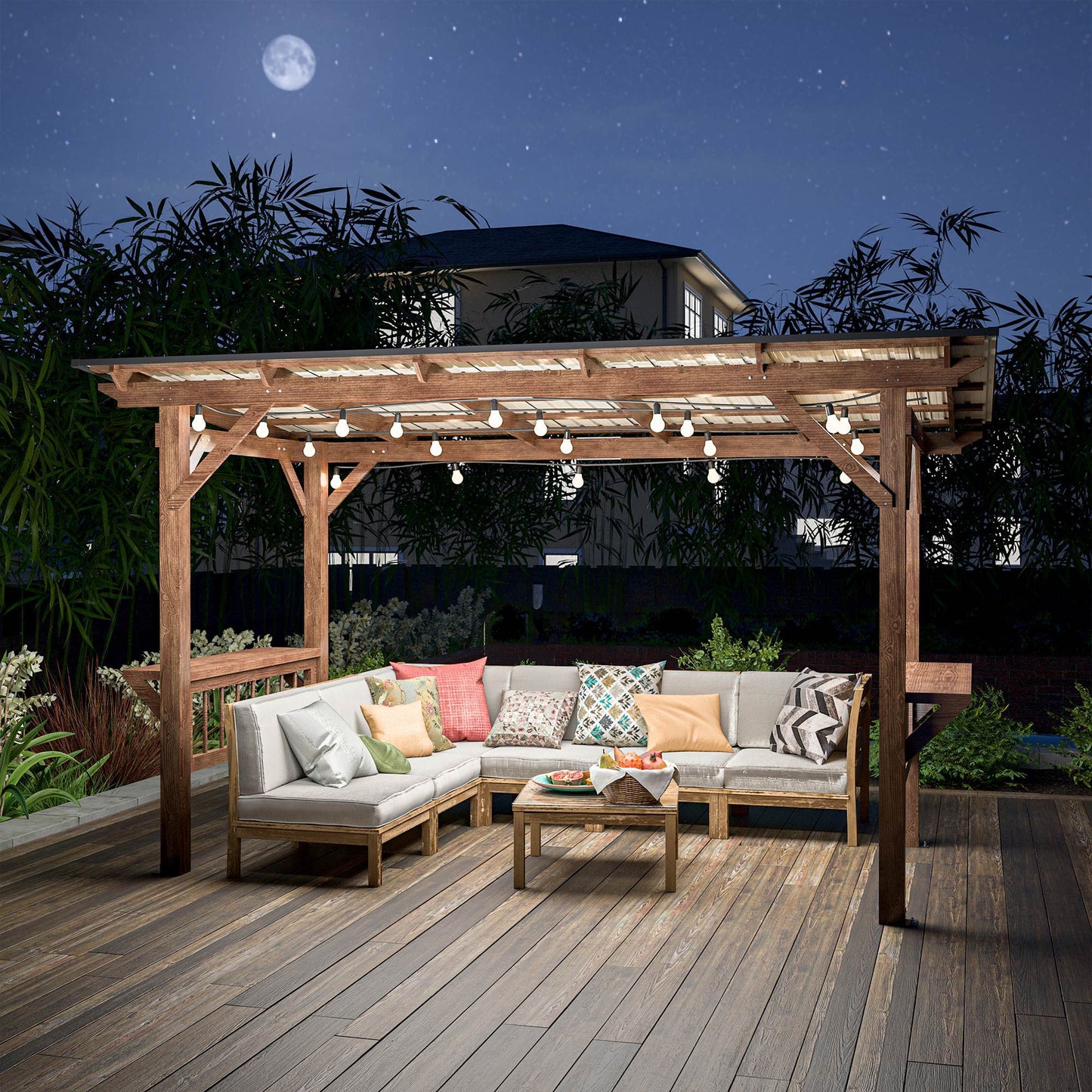 Drvena pergola za roštilj 396 x 198 cm s metalnim krovom, žaruljama i šankovima