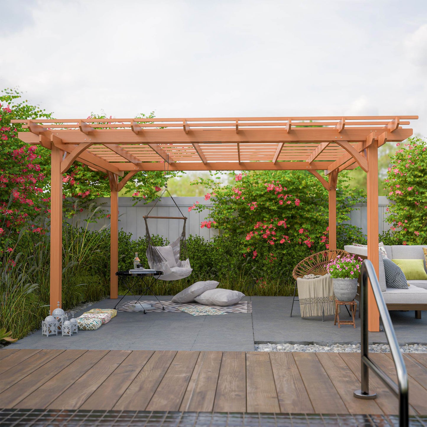 Vanjska drvena pergola, drvena pergola za terasu – sjenica za potporu penjačicama, vrt, smeđa