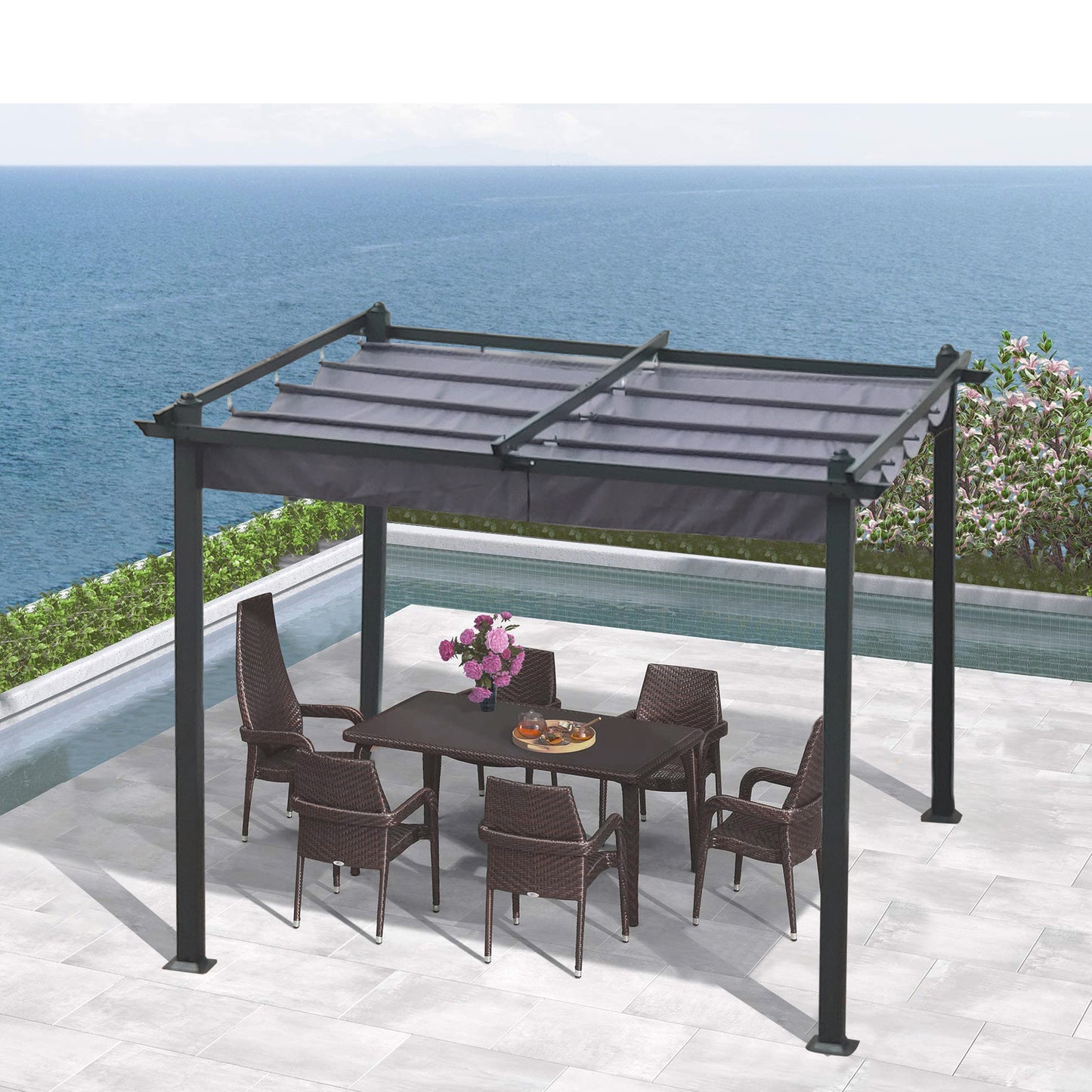 3,05 x 3,05 m vanjska pergola s pomičnim sjenilom za terase, vrtove i dvorišta, s tendom za zaštitu od sunca, siva