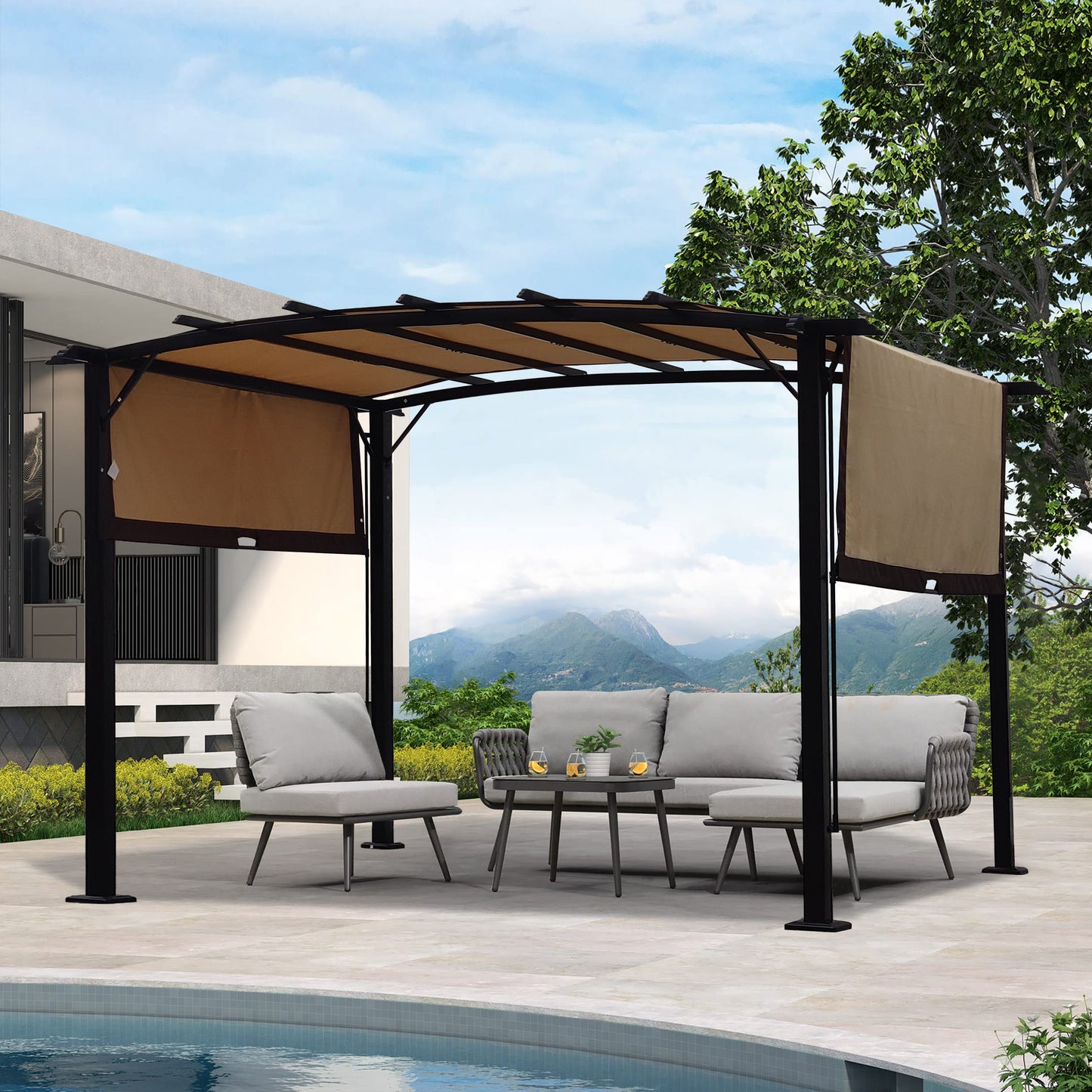 3,66 x 2,74 m vanjska pergola – vrtni paviljon s pomičnim sjenilom, čeličnim okvirom i tendom za zaštitu od sunca, idealna za vrtove