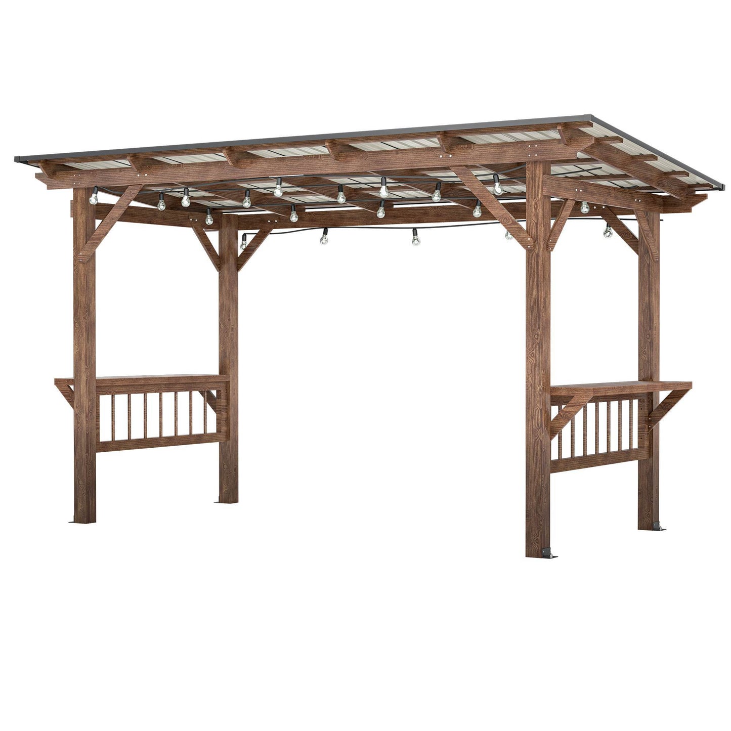 Drvena pergola za roštilj 396 x 198 cm s metalnim krovom, žaruljama i šankovima