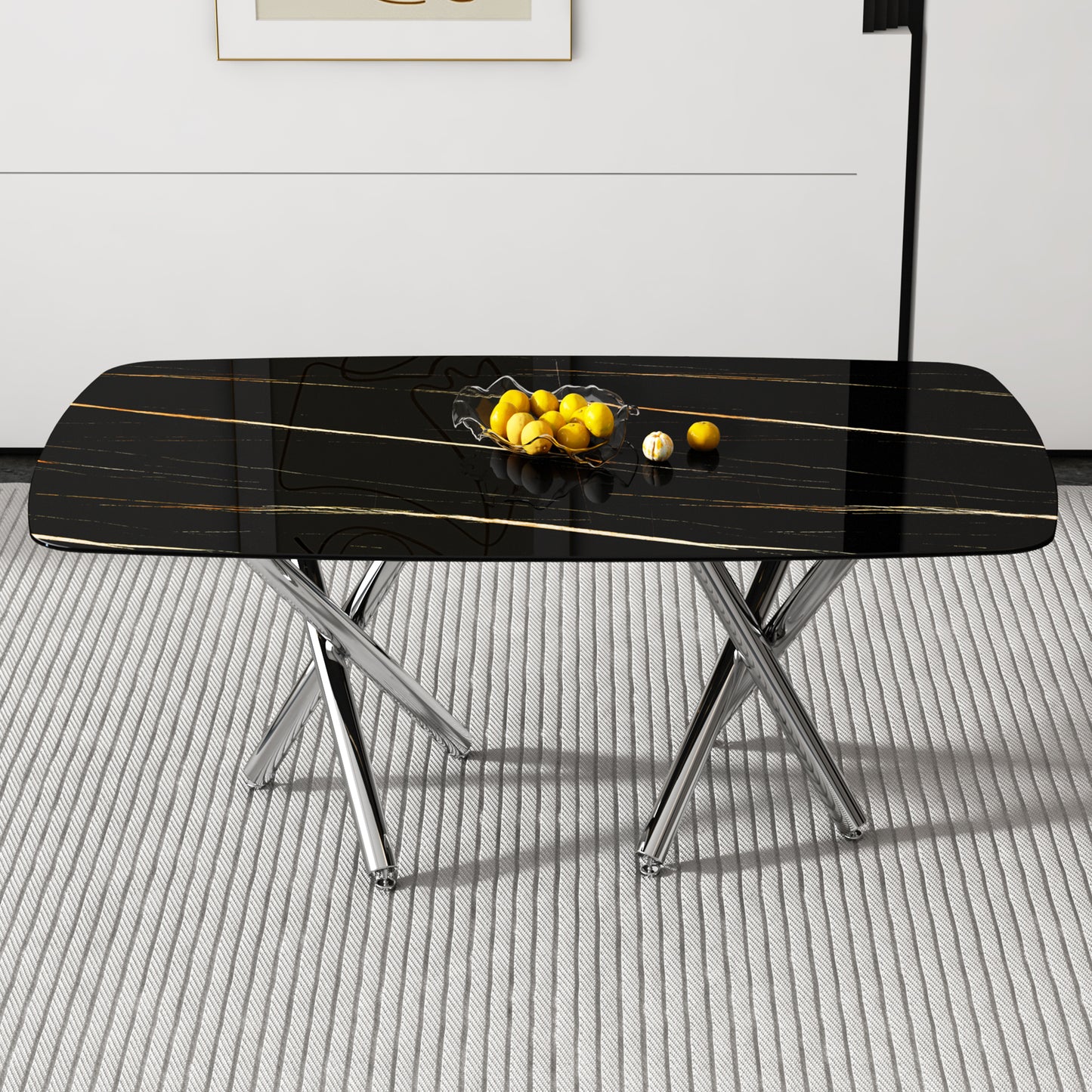 Veliki moderni minimalistički pravokutni blagovaonski stol s crnom pločom debljine 1 cm u imitaciji mramora i srebrnim metalnim nogama