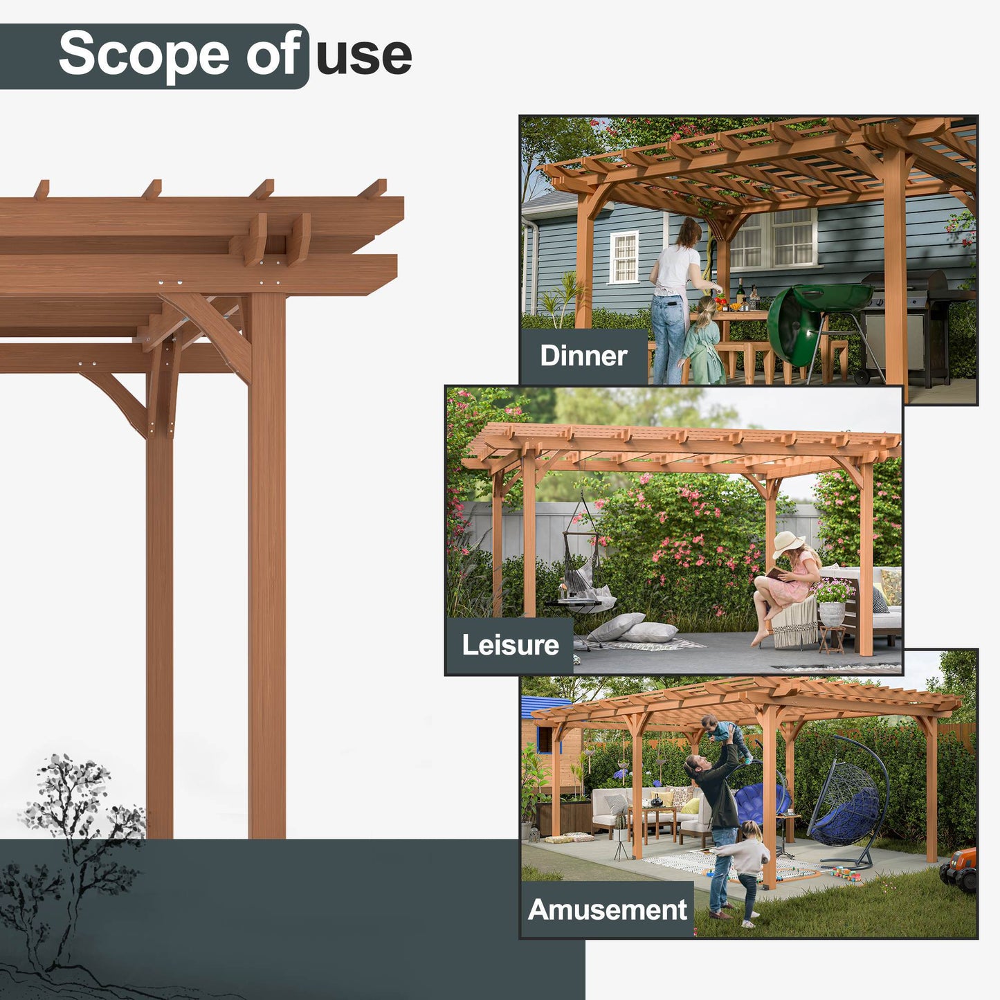 Vanjska drvena pergola, drvena pergola za terasu – sjenica za potporu penjačicama, vrt, smeđa