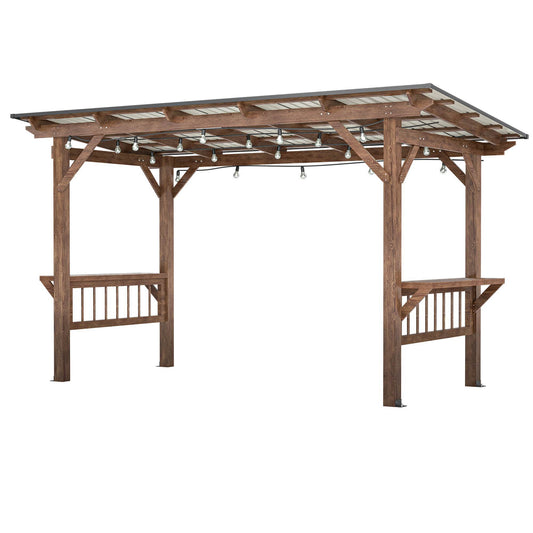 Drvena pergola za roštilj 396 x 198 cm s metalnim krovom, žaruljama i šankovima