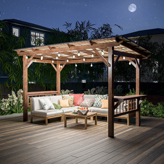 Drvena pergola za roštilj 396 x 198 cm s metalnim krovom, žaruljama i šankovima