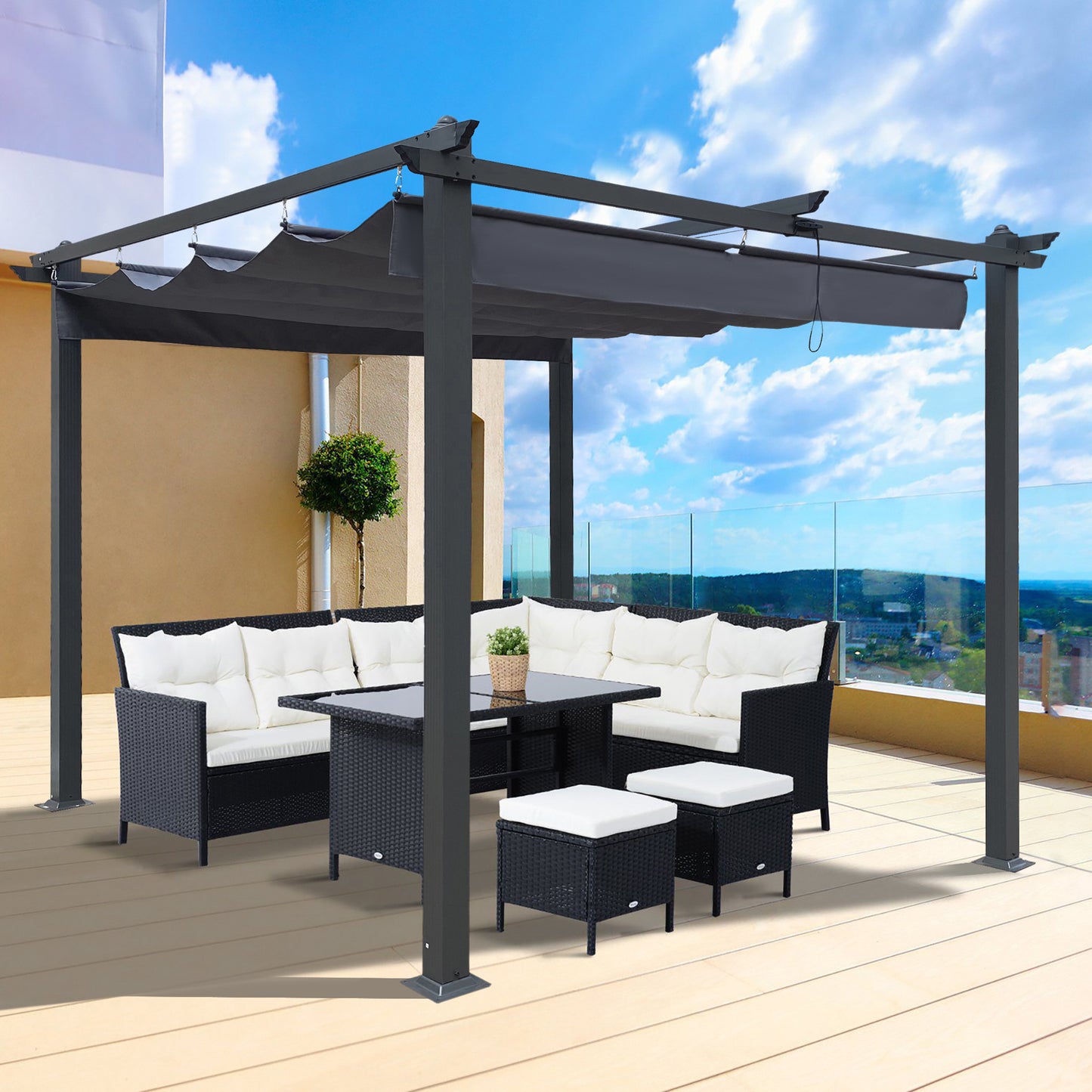 3,05 x 3,05 m vanjska pergola s pomičnim sjenilom za terase, vrtove i dvorišta, s tendom za zaštitu od sunca, siva