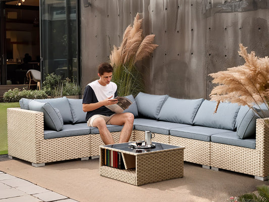7-dijelni komplet namještaja za terasu, boho set za razgovore na otvorenom za sve vremenske uvjete, dvoslojna sofa s vodootpornim sivim debelim jastucima